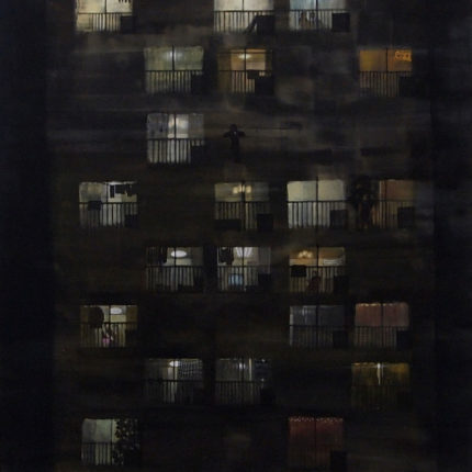 タイトル：『同じ建物の中のいろいろな 
暮らし』 
制作年：2014年 
素材：アクリル、キャンバス 
サイズ：1620mm × 1300mm